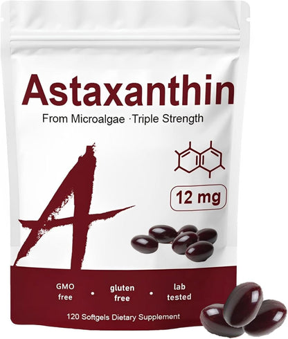 Astaxanthin 12mg Tanning Pills, Organic Astaxanthin Antioxidant Supplements for Tanning, Skin, Eye, Joint Health, 120 Softgels