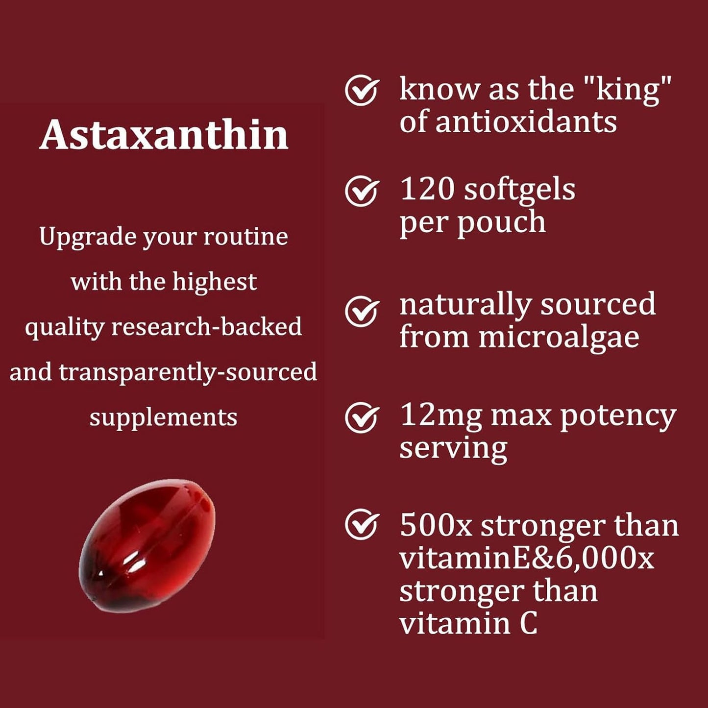 Astaxanthin 12mg Tanning Pills, Organic Astaxanthin Antioxidant Supplements for Tanning, Skin, Eye, Joint Health, 120 Softgels
