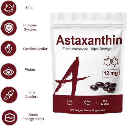 Astaxanthin 12mg Tanning Pills, Organic Astaxanthin Antioxidant Supplements for Tanning, Skin, Eye, Joint Health, 120 Softgels
