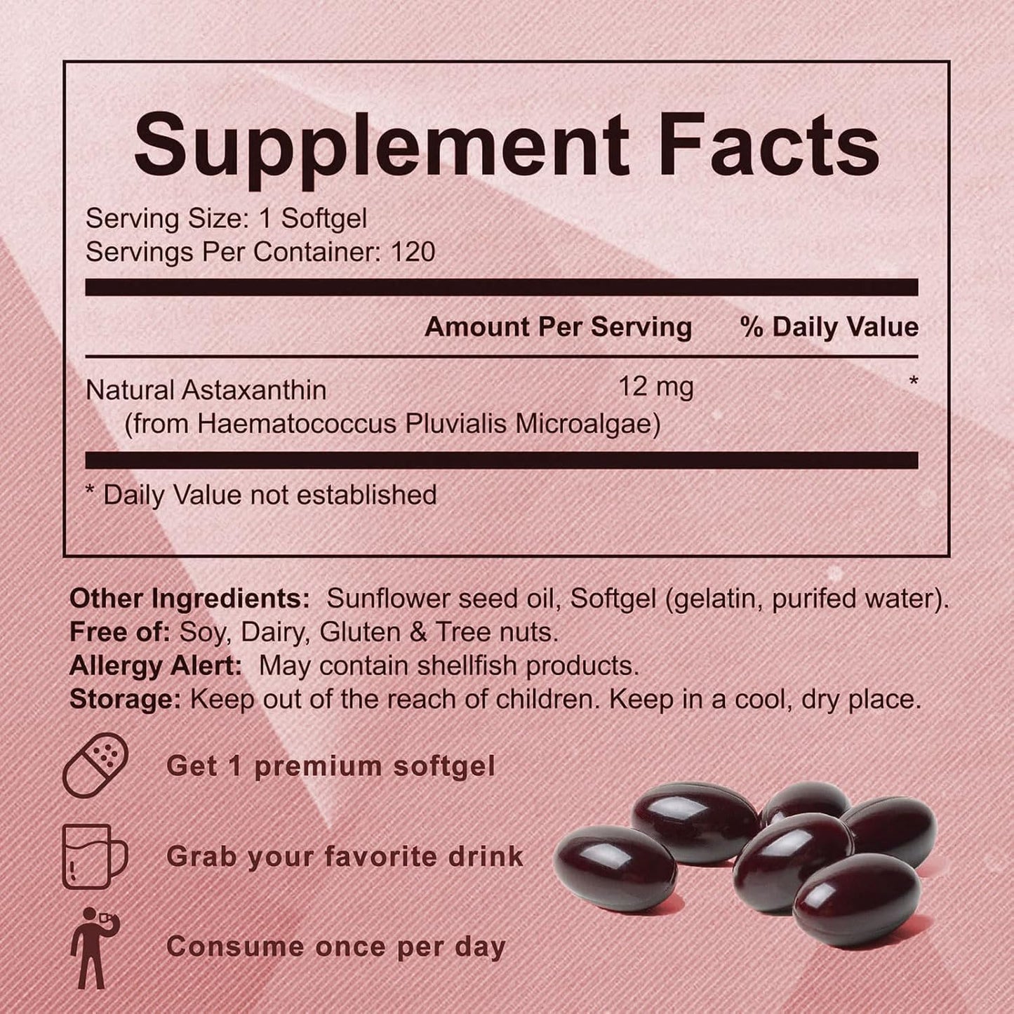 Astaxanthin 12mg Tanning Pills, Organic Astaxanthin Antioxidant Supplements for Tanning, Skin, Eye, Joint Health, 120 Softgels